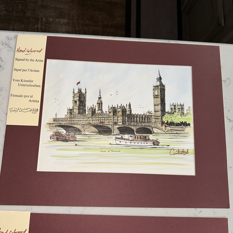 TWO 1970S SIGNED HAND COLORED GUY MAGNUS PRINTS WESTMINSTER ABBEY & HOUSE PARLI gallery