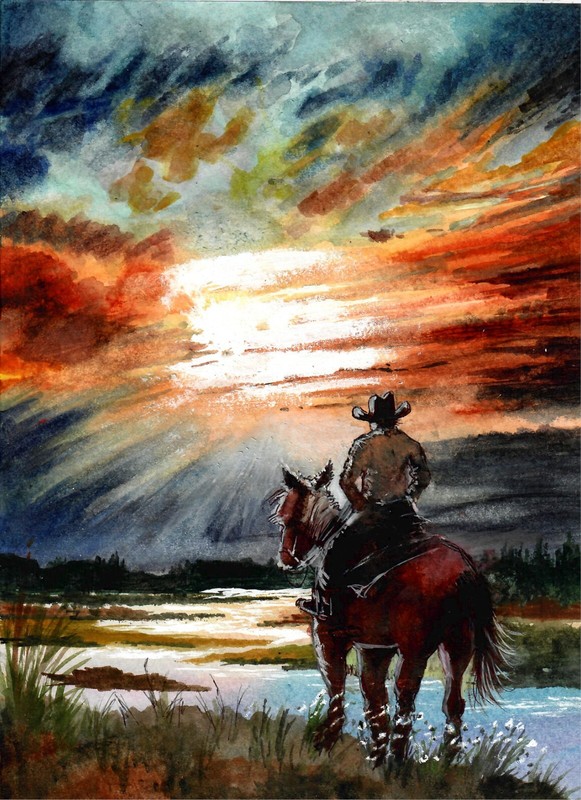 Cowboy At Edge Of Swamp , Sunset Art Print, Cowboy Art Print, Beautiful Sky