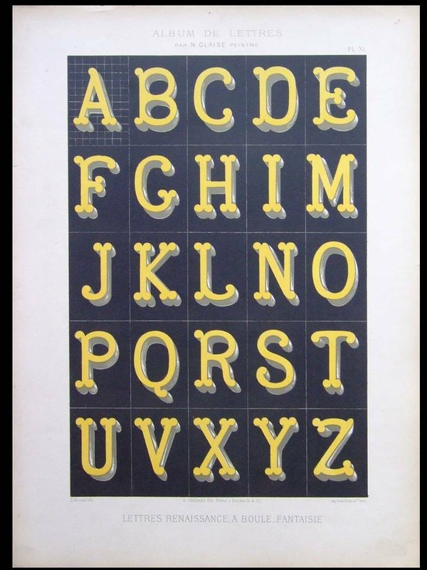 FRENCH RENAISSANCE LETTERS, ALPHABET – 1900 LITHOGRAPH – TYPOGRAPHY, GLAISE