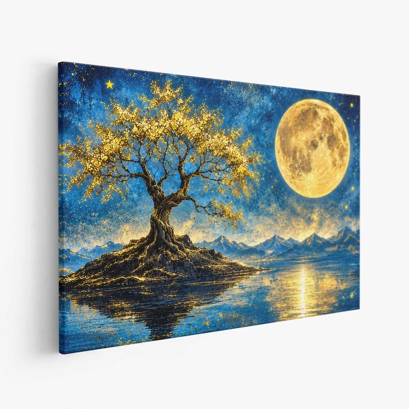 Tree of Life Canvas Wall Art Gold Moon Reflection Abstract Framed Picture Print