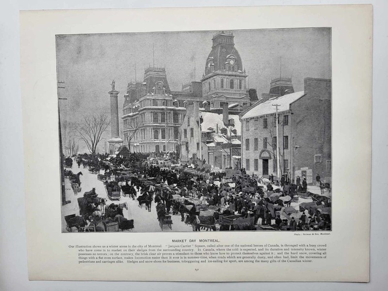Old Antique Print 1903 The Empire Market Day in the Snow in Montreal