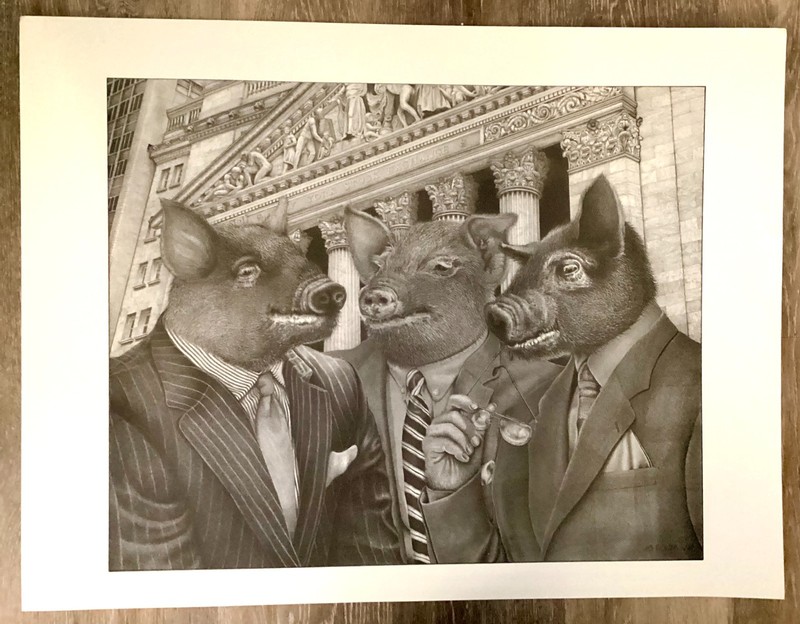 Poster Print Satirical Pigs in Suits Wall Street NY B & W Highly Detailed