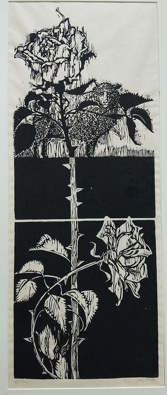 JAMES DODDS Vintage SIGNED numbered 1/25 linocut art print «Thorns» sheep & rose