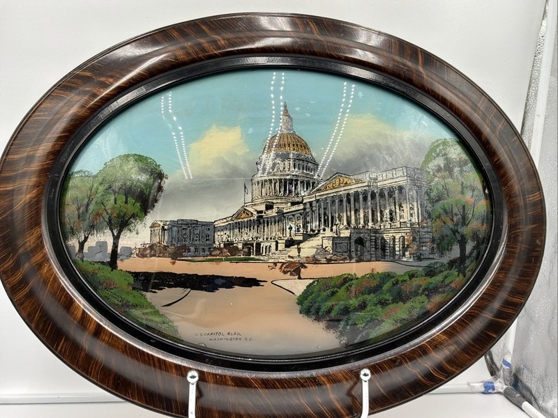 Vintage U.S. Capitol Washington DC Reverse Painted Convex Glass Oval Frame 24.5” gallery