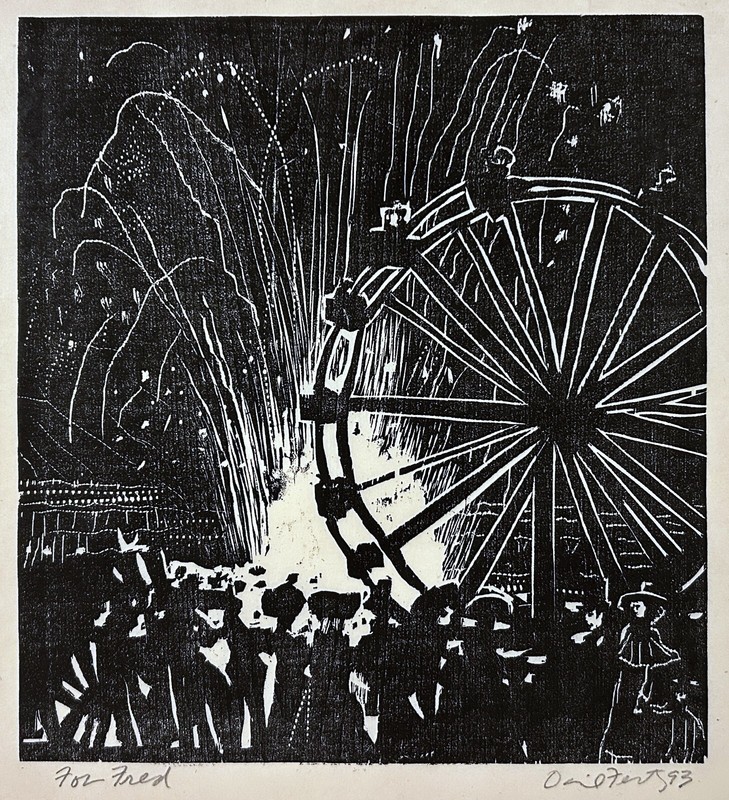 DAVID FERTIG 20th c. American Philadelphia PA WOODBLOCK PRINT Carnival Fireworks
