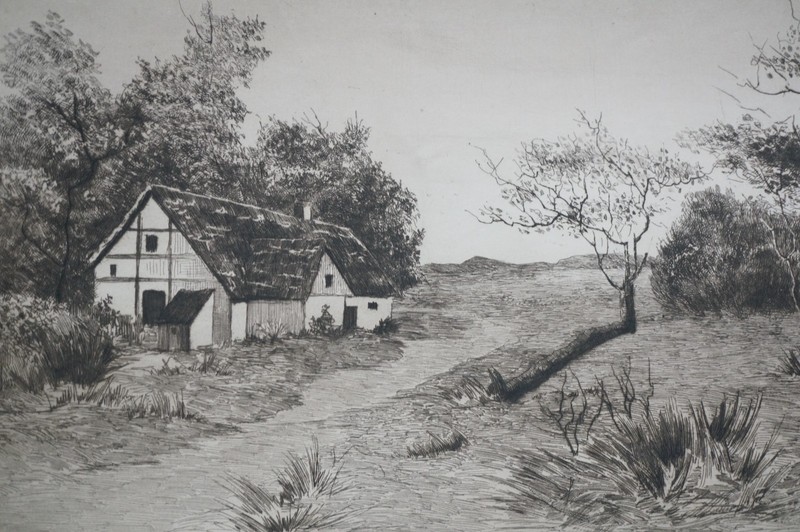 Antique B&W Country Farmhouse Bridge Over Water River Landscape Etching 32" gallery