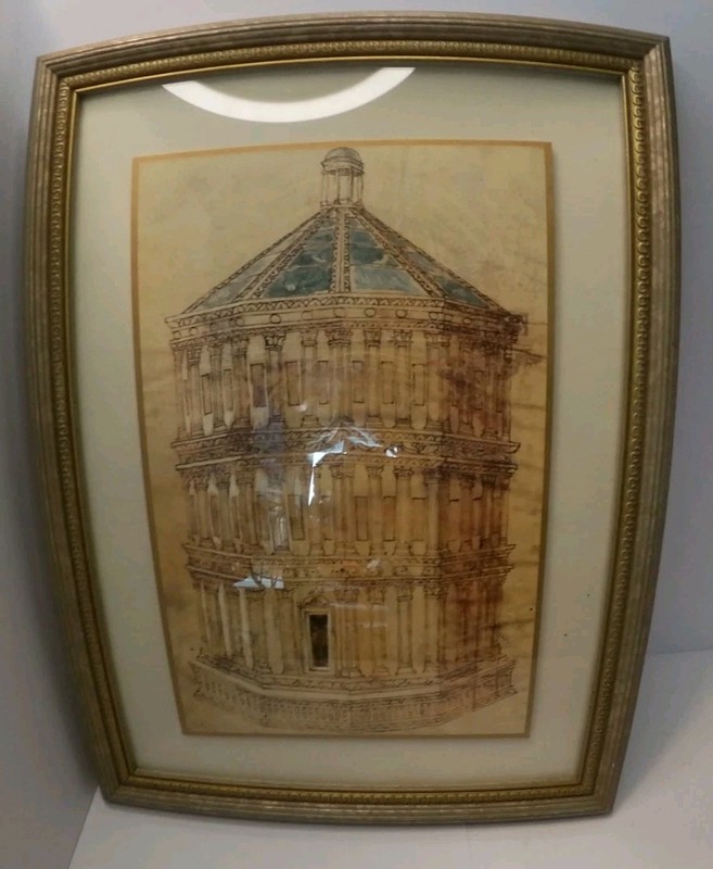 Vintage Framed Neoclassical Building Based on 16th Century Italian Drawing