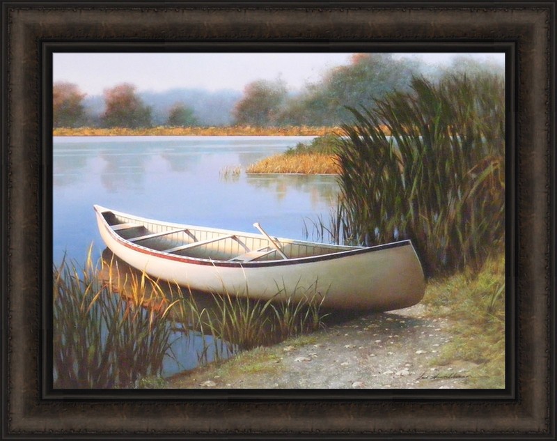 ON THE LAKE by Zhen-Huan Lu 19×24 Canoe Boat Lodge Cabin FRAMED WALL ART PICTURE