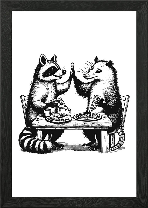 Raccoon and Opossum Pizza High Five Framed Wall Art Poster Canvas Print Picture