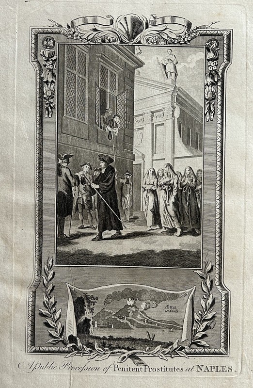 1794 Penitent Prostitutes Procession Naples Italy Antique Copper Plate Engraving