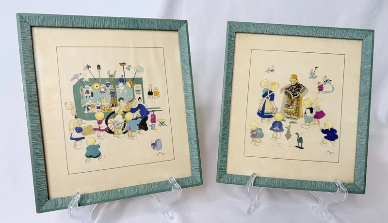 VTG Josette Boland Prints Framed Set of 2 French Childrens Illustrations 1950s
