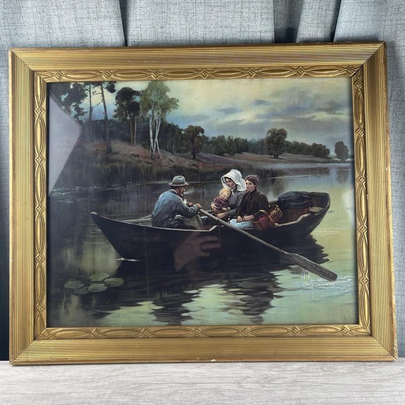 Gilded Frame River Rowboat Scene Print VTG 1940-50’s Large 24×20″ Art Deco Style