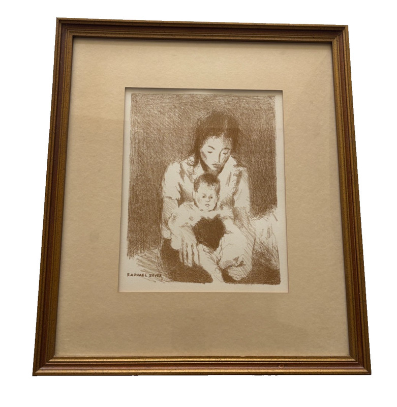 Mother And Child Lithograph By Raphael Soyer Signed in Plate Sepia Tones Vintage