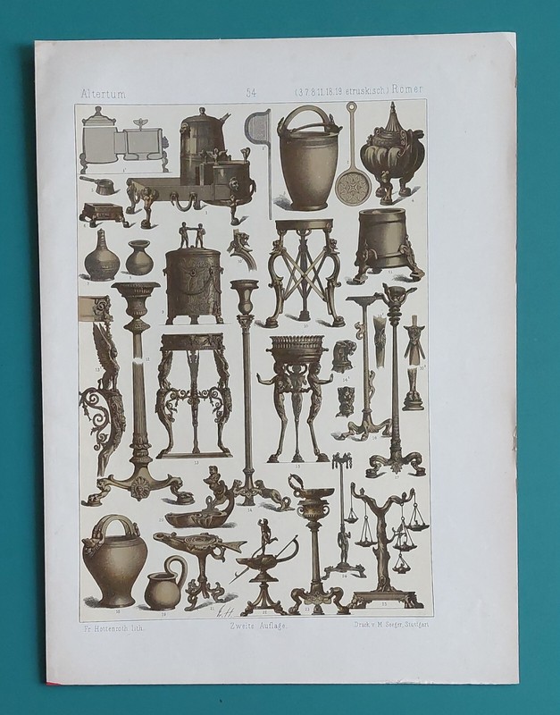 ROMAN Etruscan Daily Objects Lamp Bottle Ladle Candelabra etc – 1883 COLOR Print