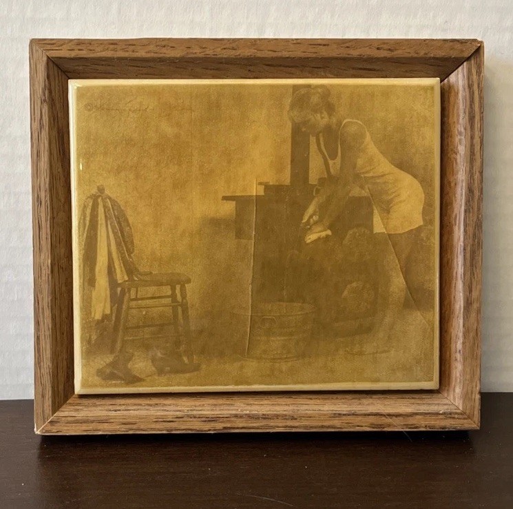 Vintage R. Hendrickson Sepia Print On Wood Framed Tile Woman Pouring Bath Art