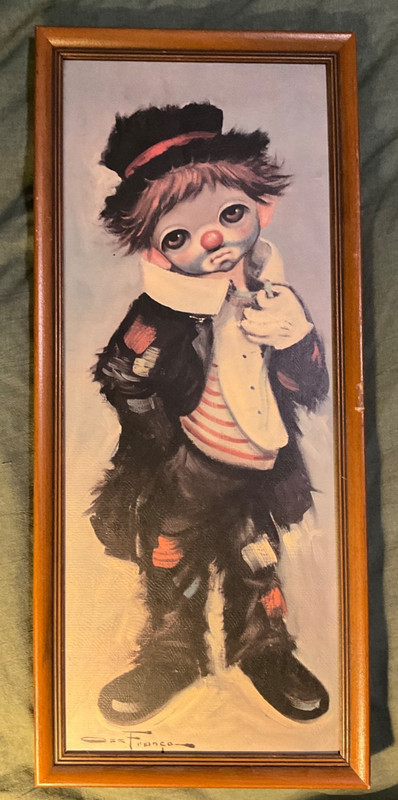 VINTAGE OZZ FRANCO CLOWN PRINT FRAMED BIG EYED CHILDREN 21 X 9 INCHES
