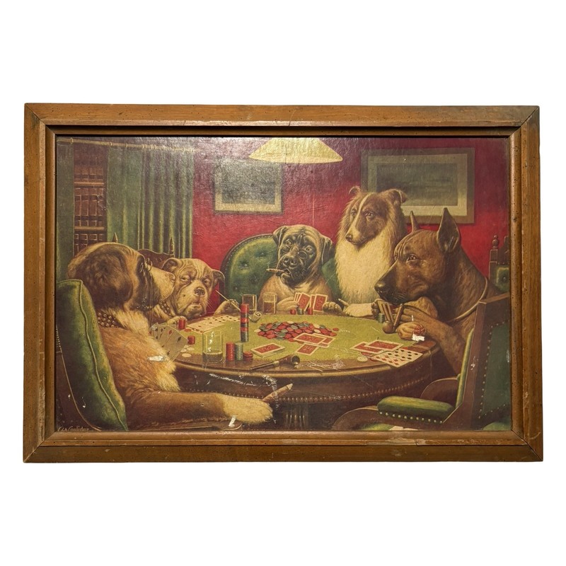 Antique Poker Dogs “A Bold Bluff” C. M. Coolidge 1903 17x12 Oak Frame Sears