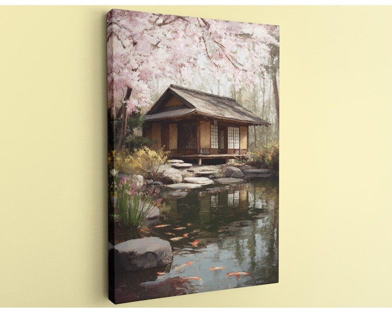 Japanese Teahouse Art Cherry Blossom Canvas Print Zen Garden Koi Pond Decor