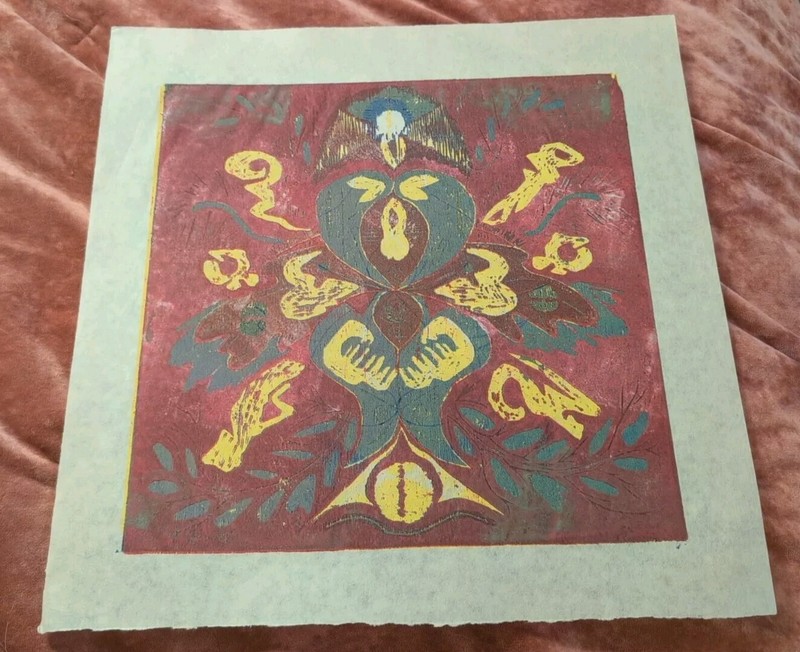 Original MCM Gracie R McCay Red Green Wood Block Prints Etchings Abstract VTG