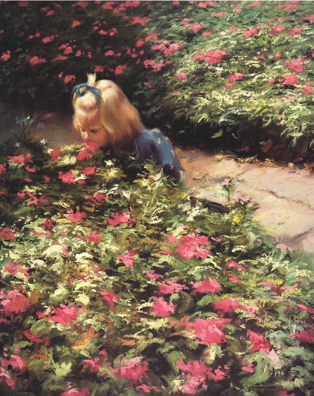 Richard Earl Thompson Boy and Girl Smelling Flowers 16×20 in set of 2