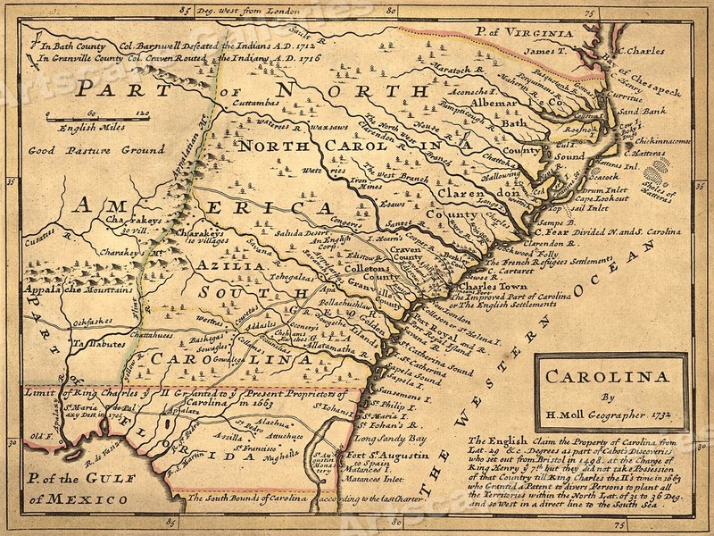 1732 Carolina Historic Old American Map – 20×28
