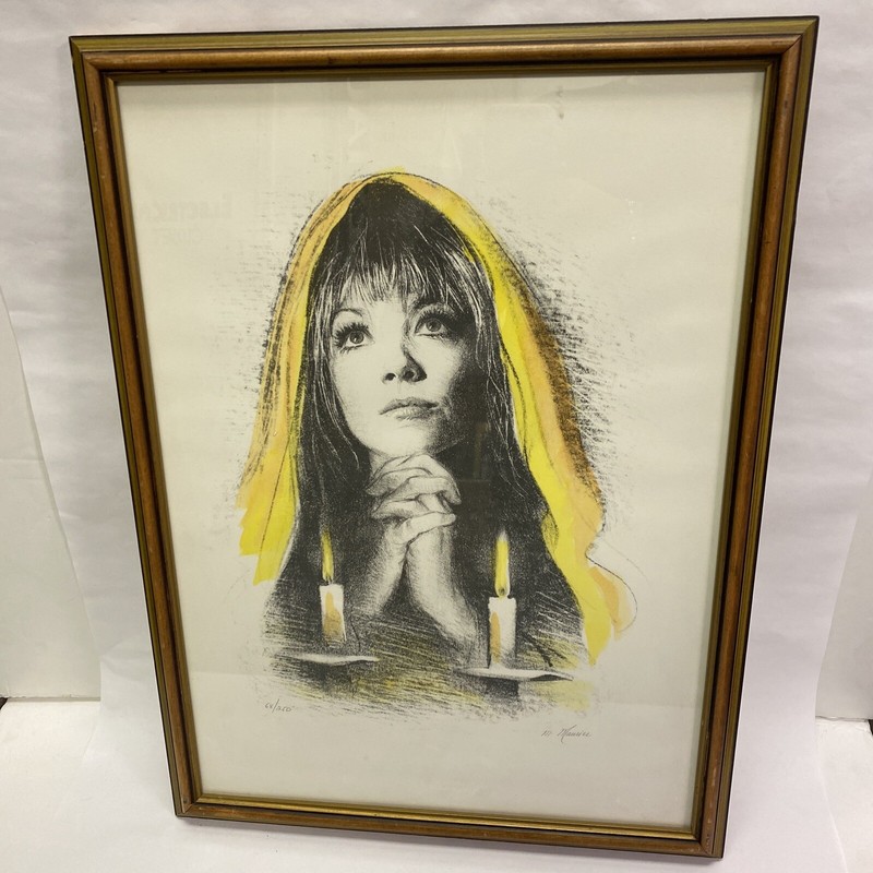 M. Maurice Sandu Lieberman, “Shabbos Candles” Vintage Hand Signed Print Framed