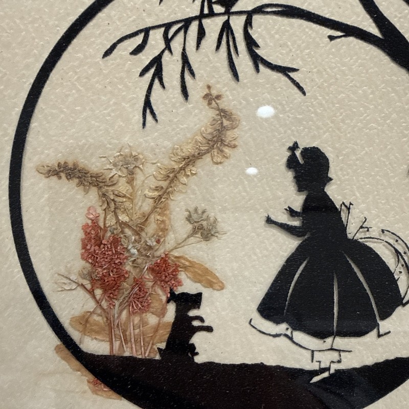 1930’s Silhouette Reverse Painting Girl Dog Tree Dried Flowers 6.75" Square gallery