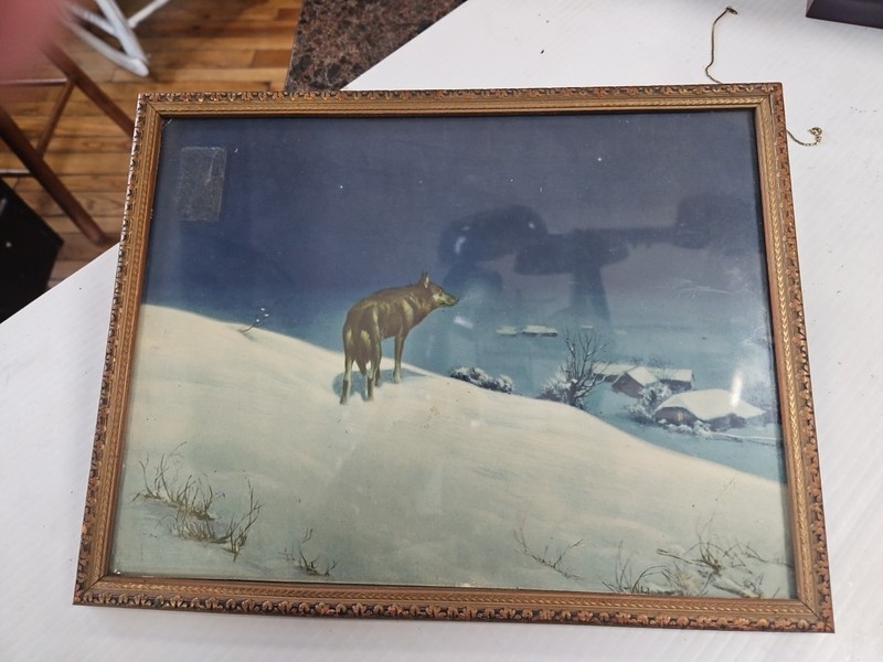 Vintage Lone Wolf Print Picture Nice Old Framed Snowy Scene Town 10×13
