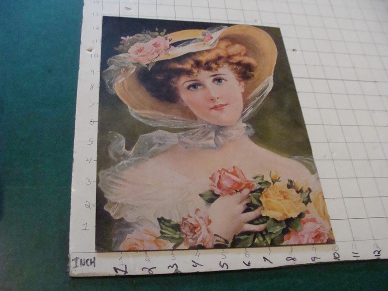 VINTAGE PRINT: of girtl in hat with flowers, light edge wear, on thin paper
