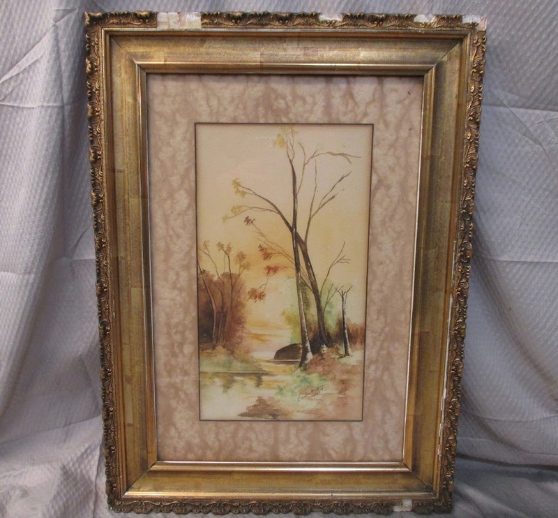 Antique 1908 Woodland Landscape Watercolor Painting with Frame | See Signature
