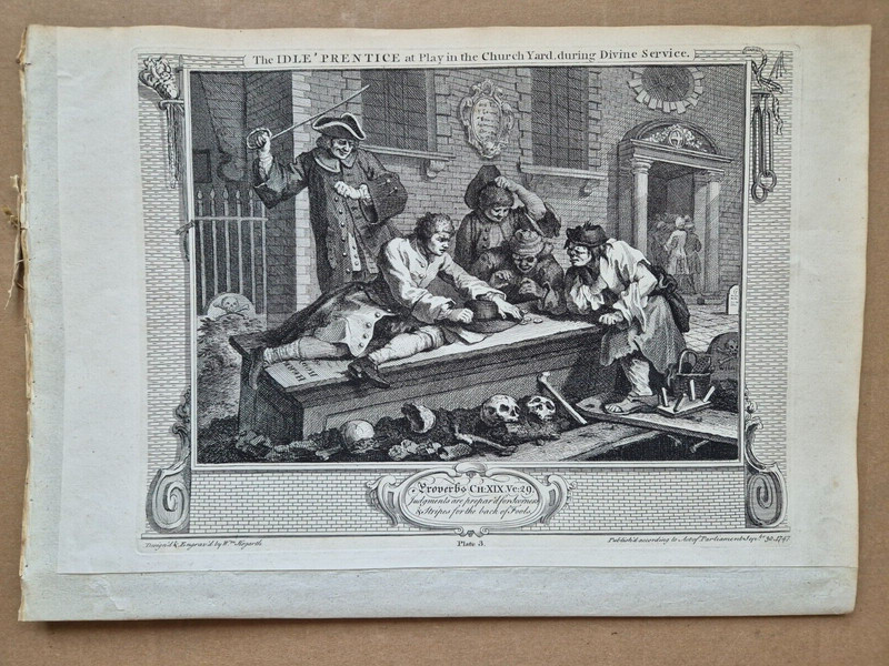 William Hogarth The Idle Prentice plate 3 early engraving laid paper
