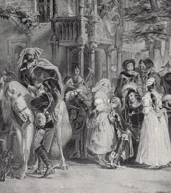 LADIES HORSES – Lavish Medieval England Tavern Street 1894 Antique Engraving