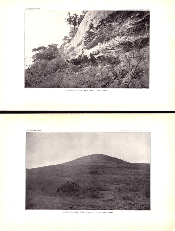 2 prints AUSTIN CHALK, GLEN ROSE FORMATION, TRAVIS CO. TEXAS Antique prints 1901