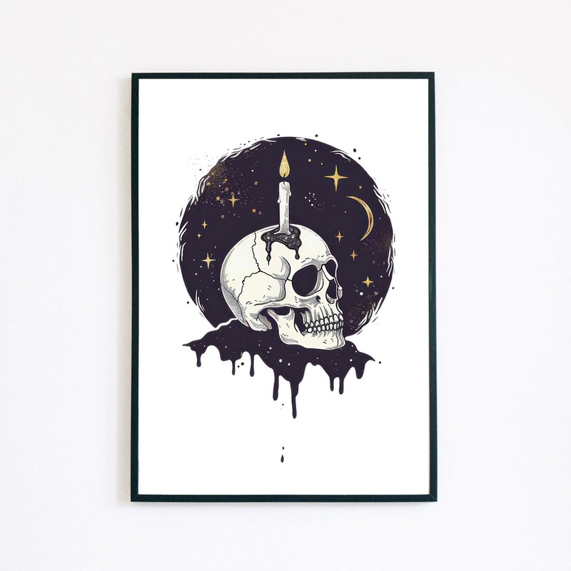 Skull Gothic Moon Star Candle Graphic Illustration 7×5 Home Decor Wall Art Print