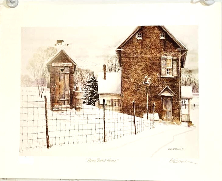 Home Sweet Home Outhouse in Country Snowfall Art Print 18-7/8″ x 24″ Signed
