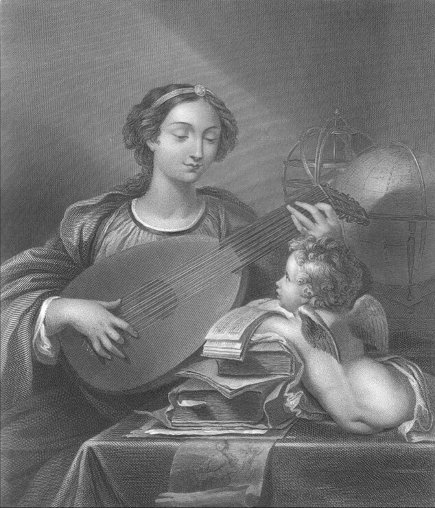 PRETTY GIRL PLAYS GUITAR TO ANGEL BOY SAINT CECILIA MUSIC ~ 1882 Print Engraving