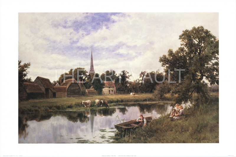 Children Cows and Barns on Farm Landscape with Farmstead Henry Parker 35 3/4×24