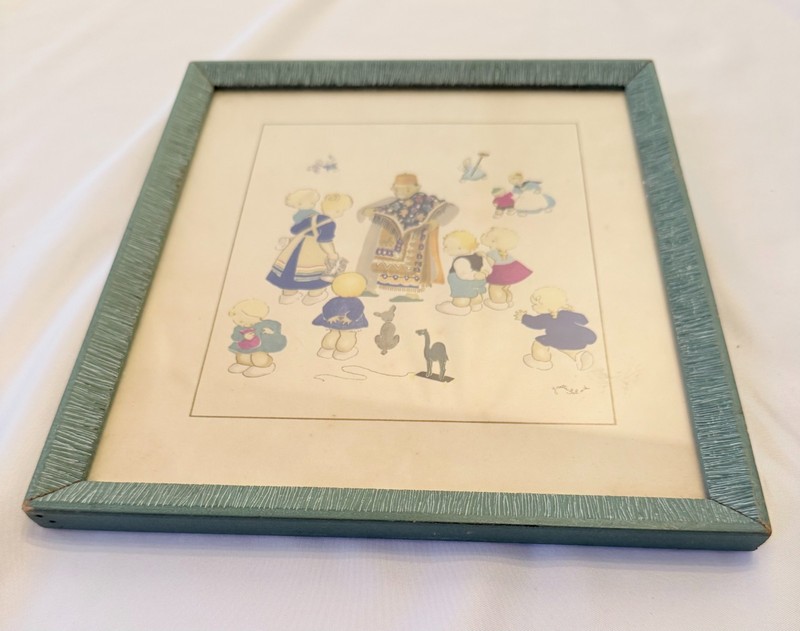 VTG Josette Boland Prints Framed Set of 2 French Childrens Illustrations 1950s gallery