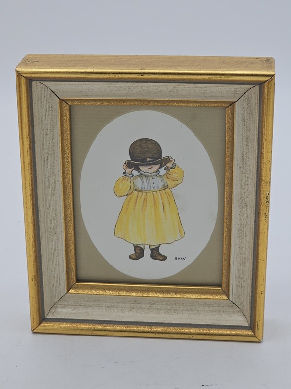 Vintage Framed Print Girl Trying Dad’s Hat Signed ENW Gibson Little Dickens