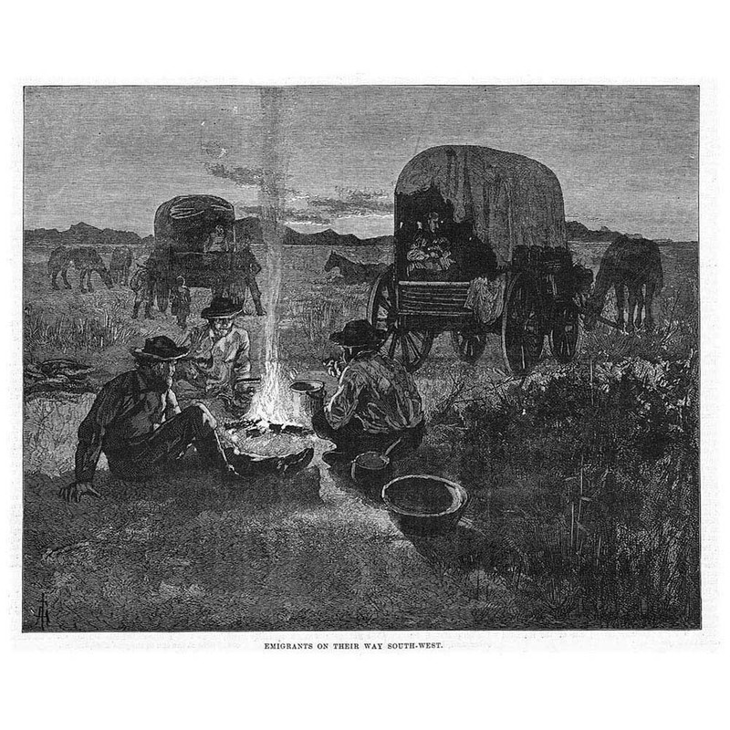 Emigrants on the Way South West on the Colorado Plain – Antique Print 1885