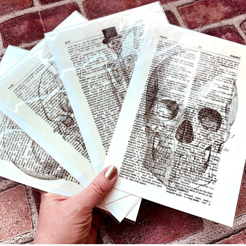 Skull Skeleton Halloween Upcycled Dictionary Art Prints Lot 4 Mini Poster OOAK