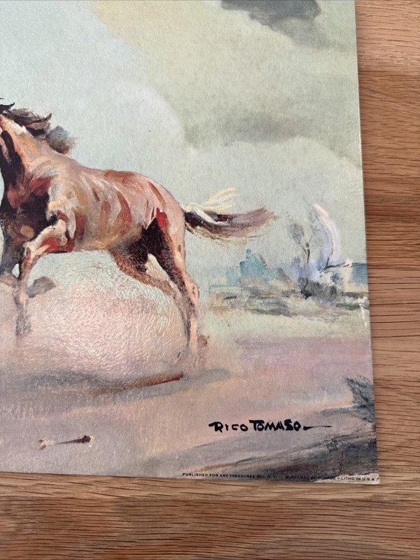 RARE! MCM Lithograph On Paper Board “The Mustangs” Rico Tomaso 24” X 12” Horses gallery