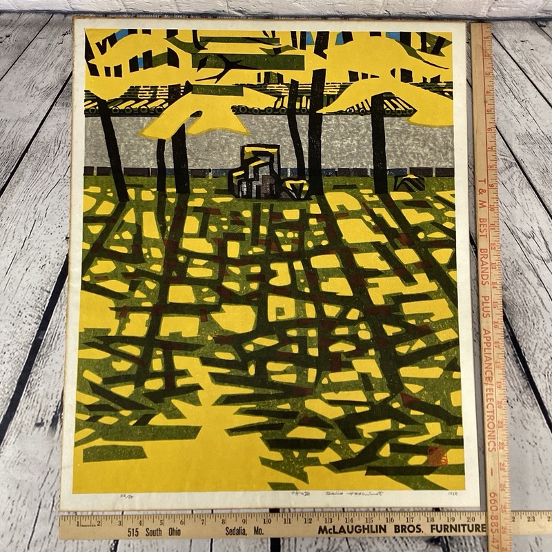 20×25 OKIIE HASHIMOTO Woodblock Print “SHADOW GARDEN” Pencil Signed Modern RARE