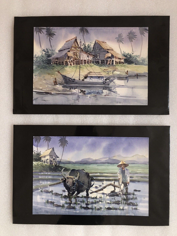 2 Paintings Watercolours South East Asia Indigenous Life Mounted 15 x 9.5 inches