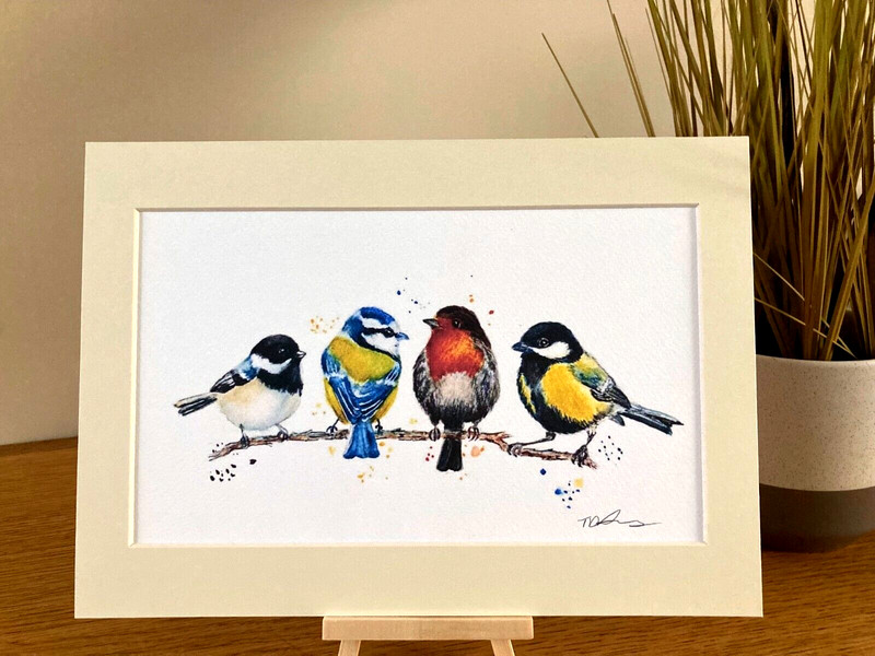 Birds on branch a4 mounted art print watercolour robin, blue tit wall decor gallery