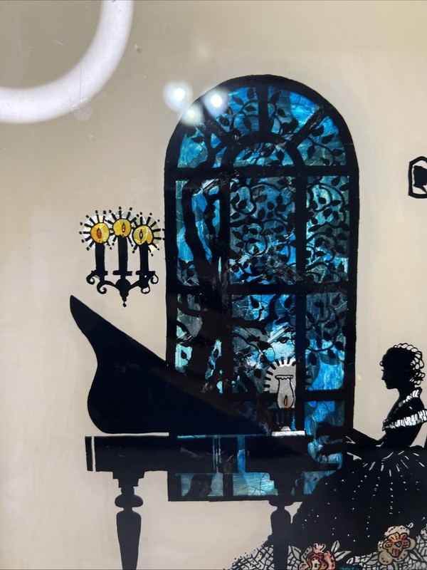 Vintage Framed Silhouette Victorian Piano Reverse Painting 15x12” Flaws Read!! gallery