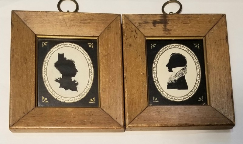 vintage pair Wallace Nutting 20thc Paper Silhouette Colonial Man Women Paint