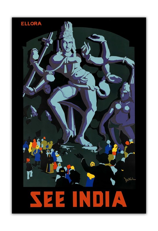 See India – Ellora Vintage Travel Poster – Hindu Sculpture Art Print