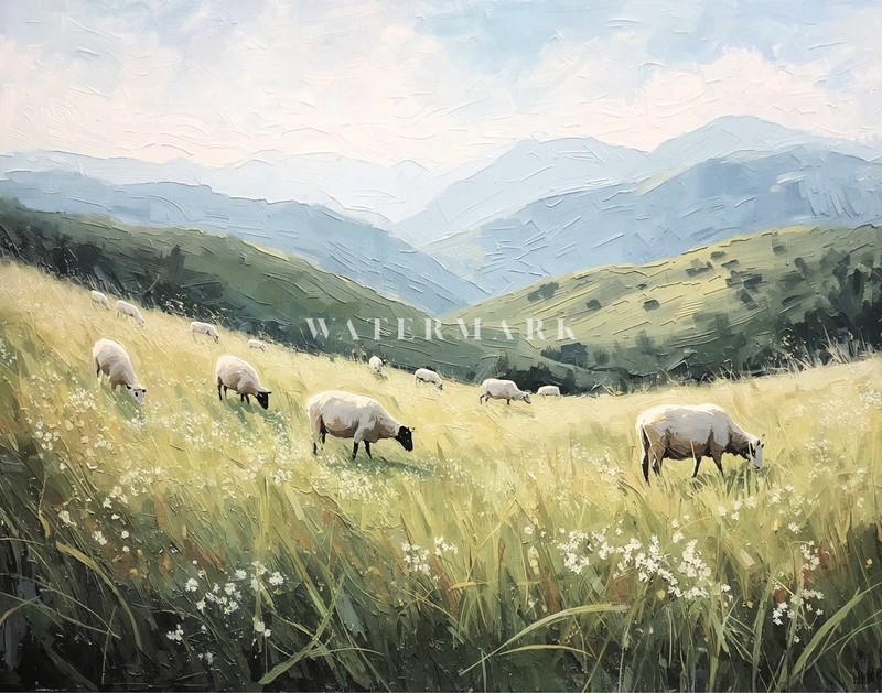 Sheep Meadow Oil Painting Print Mountain Landscape Wall Art Pastoral Farm Nature