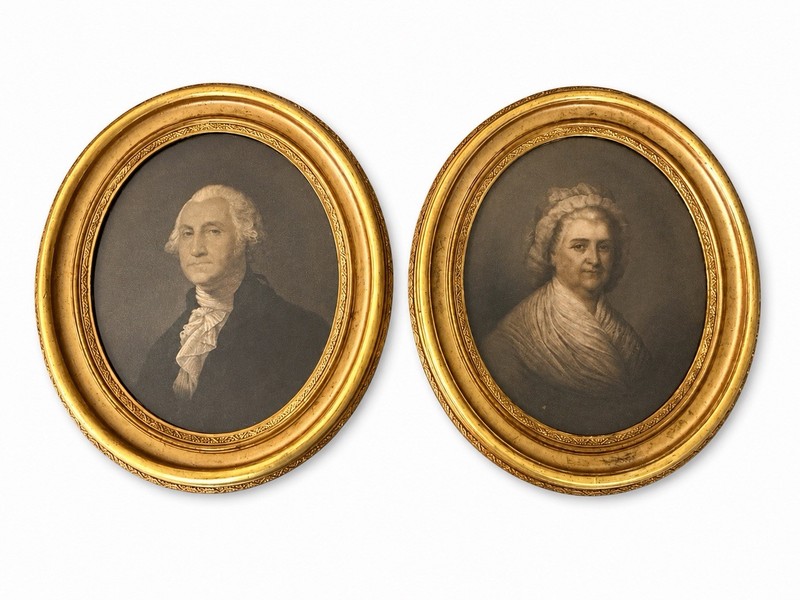 19th C. E.C. Middleton Portraits George & Martha Washington in Original Frames